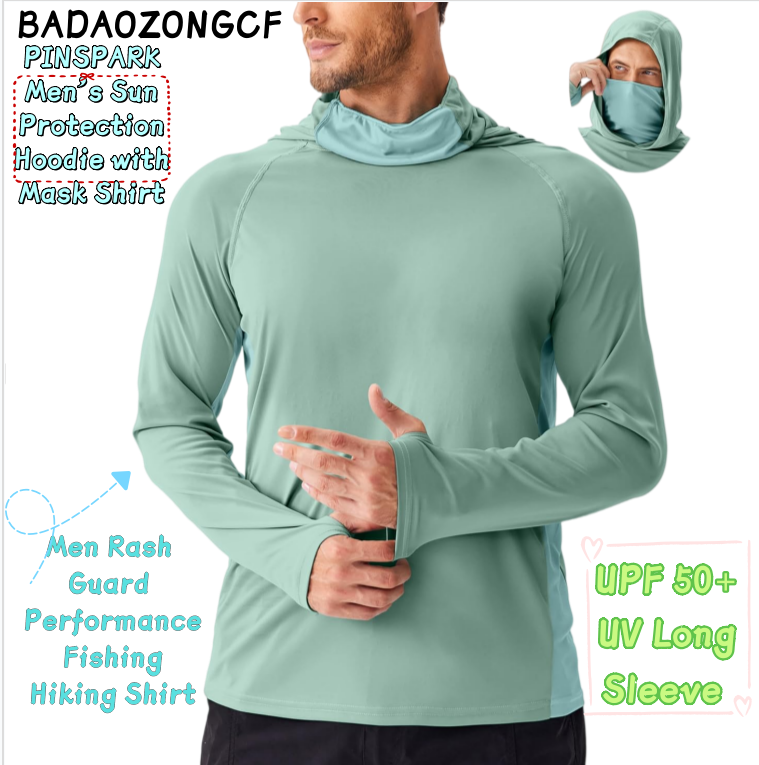 Rash Guard Long Sleeve - PINSPARK Heren Zonnebeschermende Hoodie met Masker