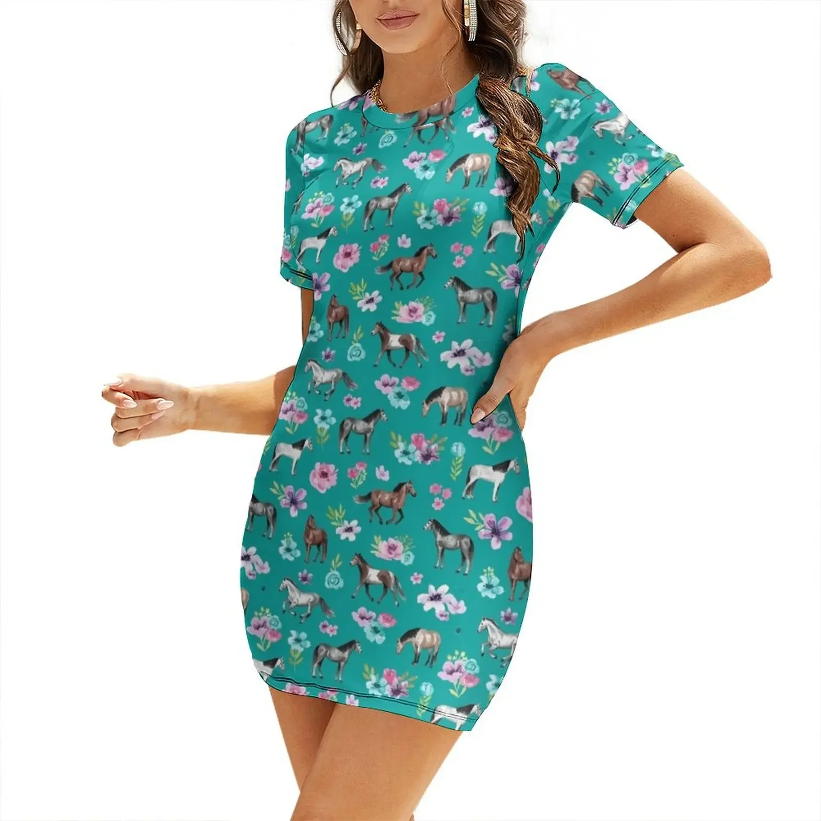 Summer Clothing Online - Paarden en bloemen op blauwgroen, turquoise