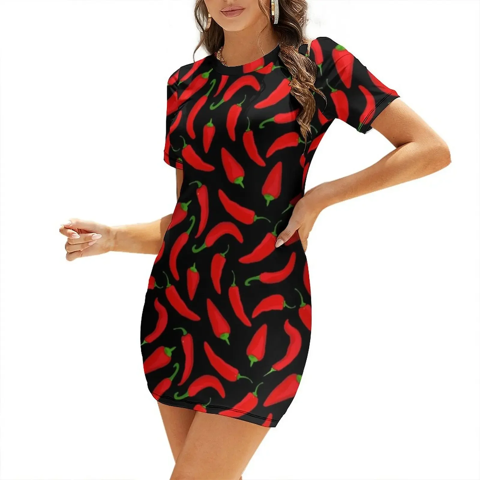 Summer Clothing Online - Rood chilipeperpatroon op zwarte jurk met