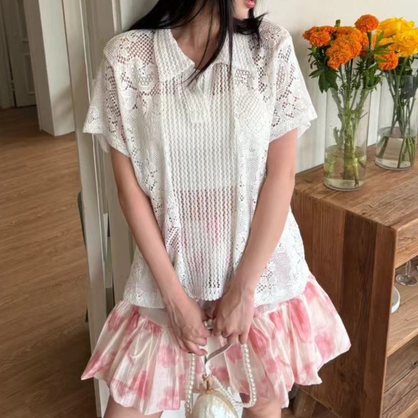 Summer Clothing Online - Retro kraag kant shirt dames katoenen